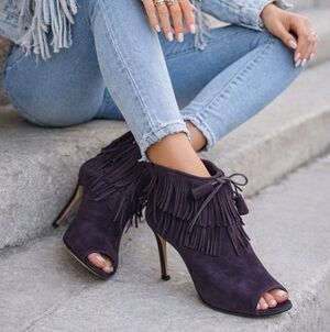 Manolo Blahnik Purple Suede Fringe Peep Toe Booties Tassel Stiletto Heels 40.5